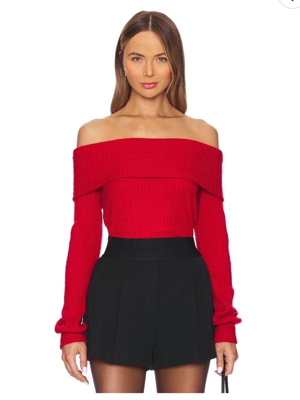 bobi Red Off-the-Shoulder Ribbed Sweater